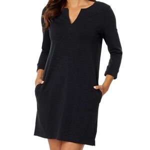 Lilla P - Elbow Sleeve Split Neck Dress - Black, Large
